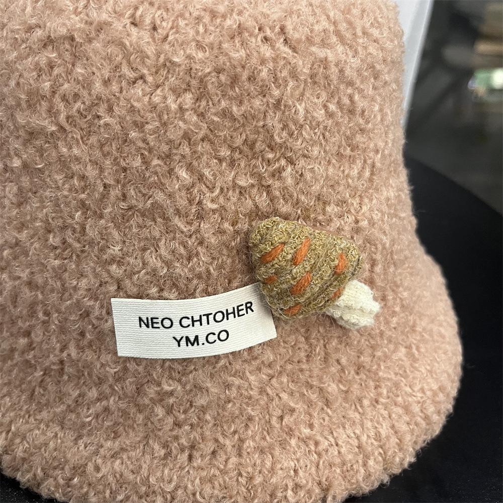 Cute three-dimensional mushroom bucket hat autumn and winter new lamb wool warm and cold-proof split bucket hat female