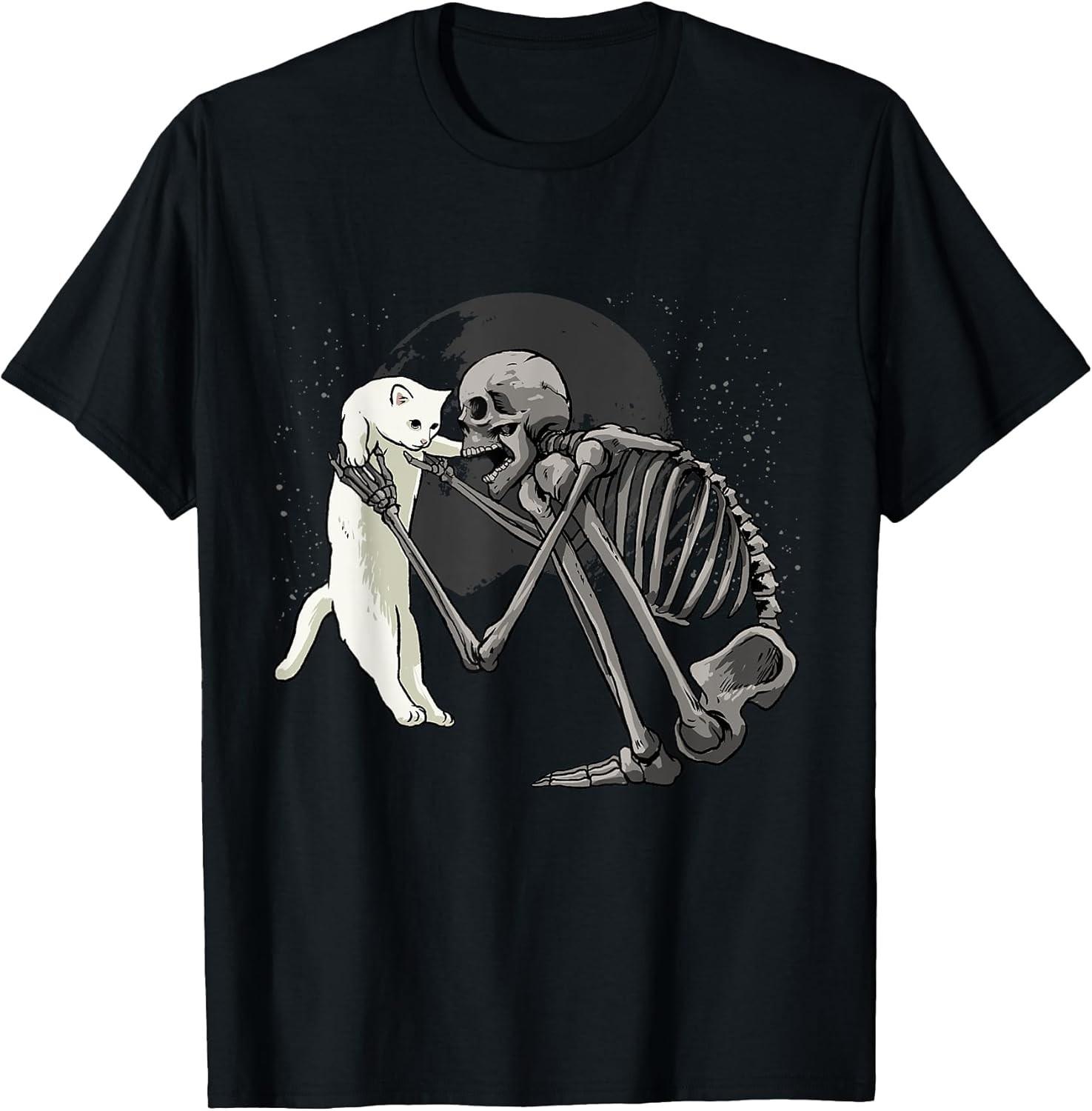 NEW LIMITED! Halloween Skeleton Cat Funny Skeleton Holding Cat Tee - MADE IN USA S