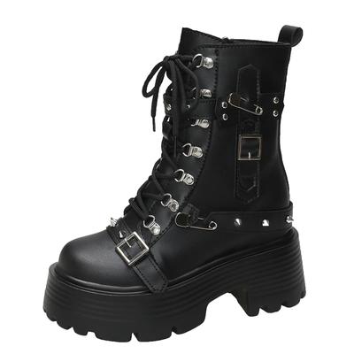 Fashion Women Autumn Winter Warm Plush Punk Boots Fashion Chunky Leather Sneakers 9CM Wedge Buckle Rivet Platform Motorcycle Ankle Boots