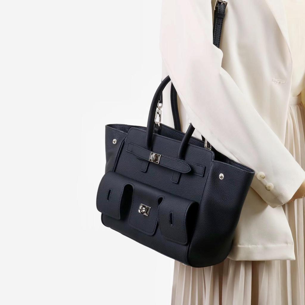 Women's Biker Genuine Leather Multi-Pocket Tote with Dark Square Buckle