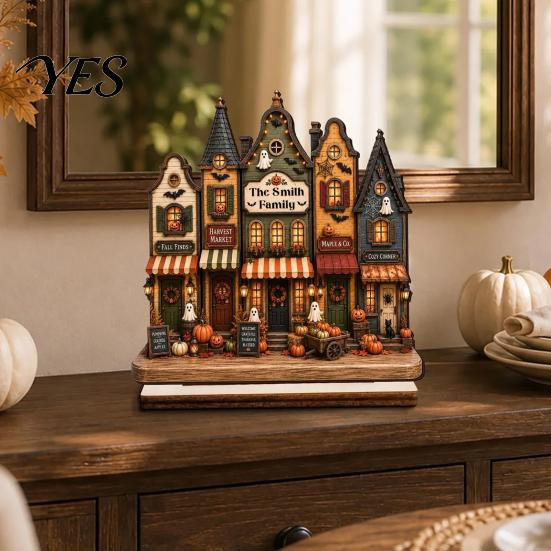Decorative Wooden Plaques Halloween Ghost Family Plaque, Pumpkin Couple Tabletop Sign, Retro Style Holiday Props Farmhouse Home Ornament for