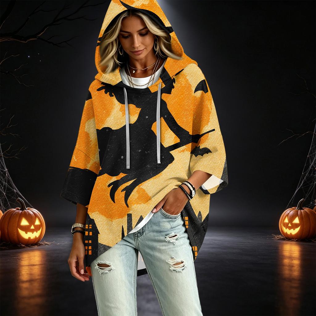 Women's Casual 3/4 Sleeve Halloween Print Hooded Pullover Top for