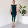 2025 Summer European & American One-Shoulder Sleeveless Pleated Long Dress with Slit