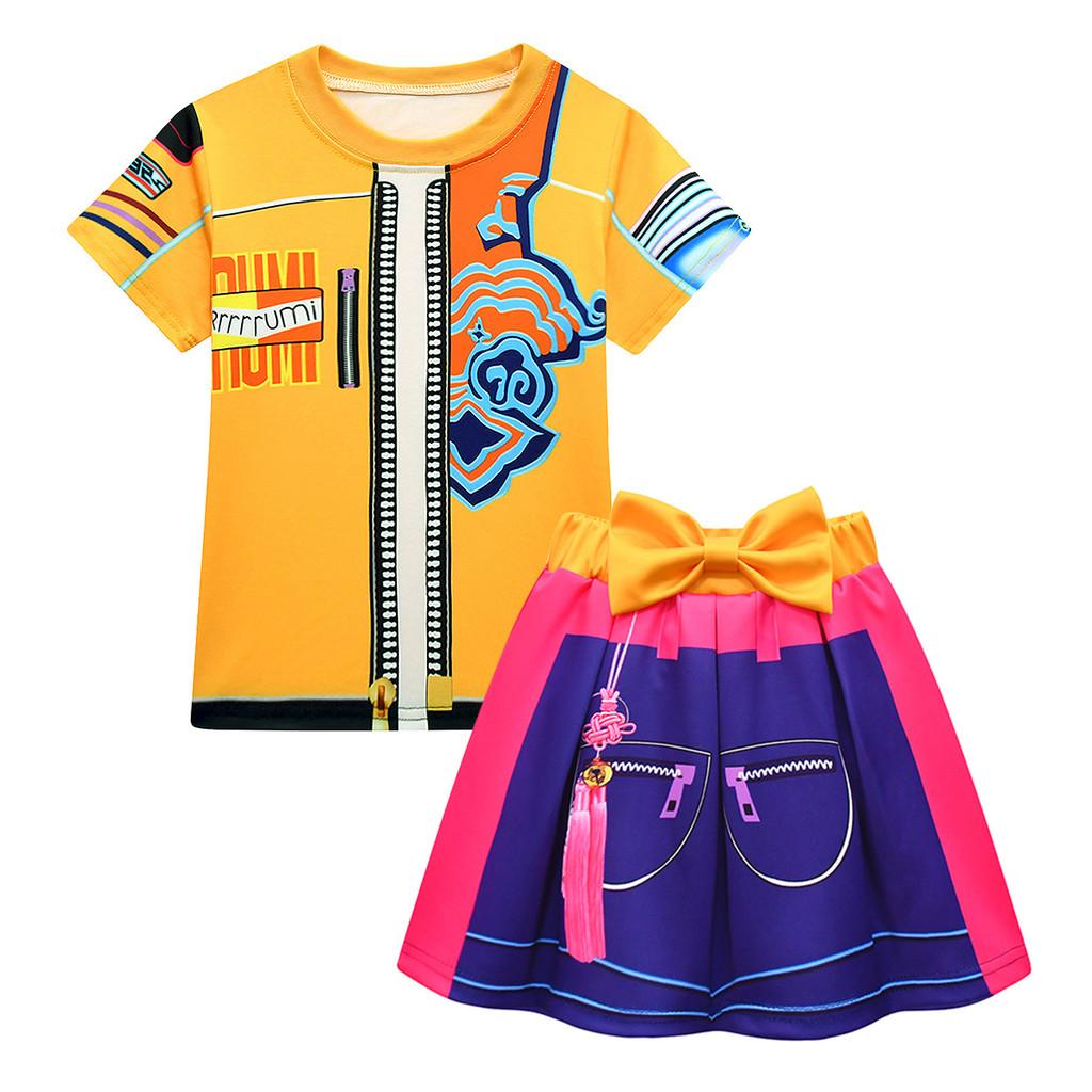 Kinder Mädchen Anime Cartoon POP Sängerin Superstar Print T-Shirt Rock Tasche Set Outfit Rollenspiel Halloween Cosplay Kostüme
