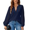 Women Summer Chiffon Blouse Puff Sleeve V Neck Solid Color Pullover Top