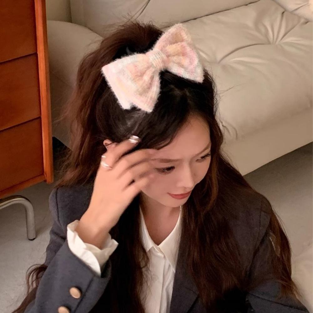 Cream gradual change color plush bow hairpin sweet and cute back head half tied spring clip hairpin simple hair accessories