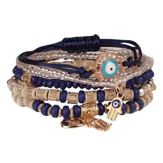 6Pcs/Set Women Bracelet Bohemia Style Elastic Rope Beads Bracelet with Palm Charm Adjustable Length Multi-layer Stackable Bracelets