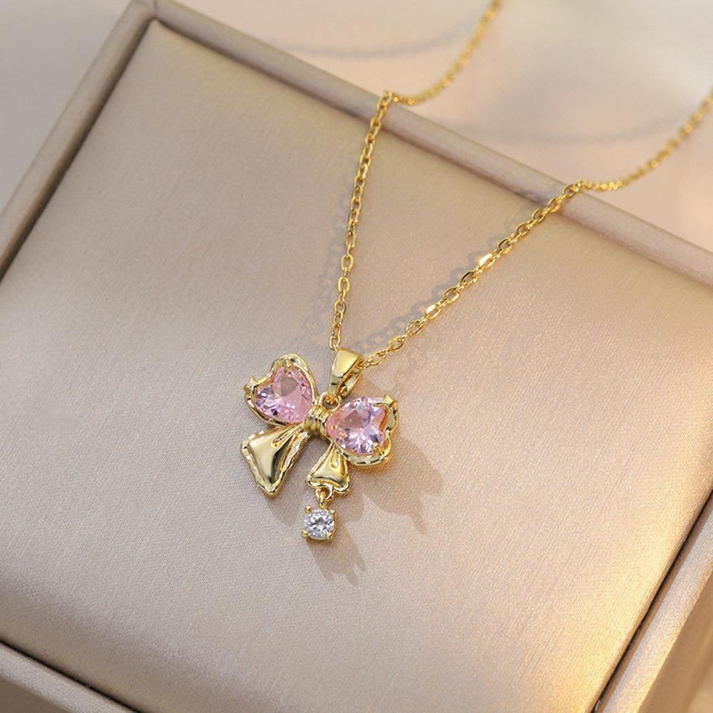 Bow Full Zirconium Pendant Necklace Female Korean Version of Ins All-match Stainless Steel Necklace