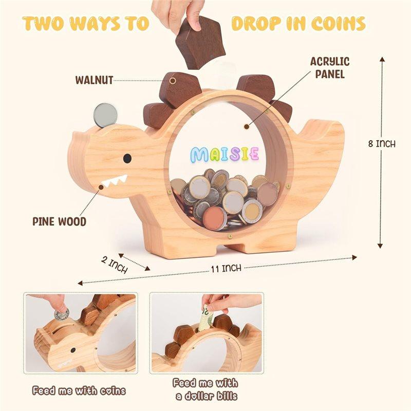 Wooden Dinosaur Piggy Bank For Toddlers, For Kids Boys, Cute Wood Dino Money Bank, Personalized Gift Present