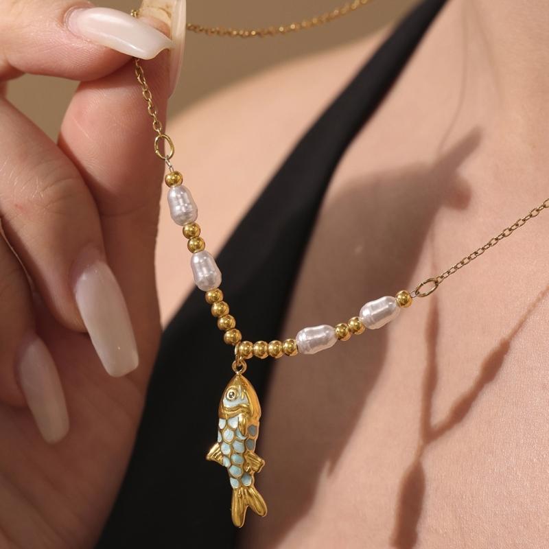 Elegant Pearls Fish Pendant Necklace In Silver Or Gold For Daily Wear And Gift Giving