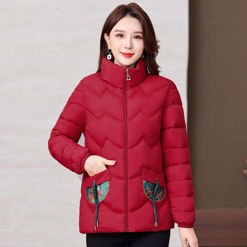 Middle-aged and Old Young Thin Cotton Jacket for Women Short Mother Autumn and Winter New Embroidered Stand-up Sewn Cotton Jacket