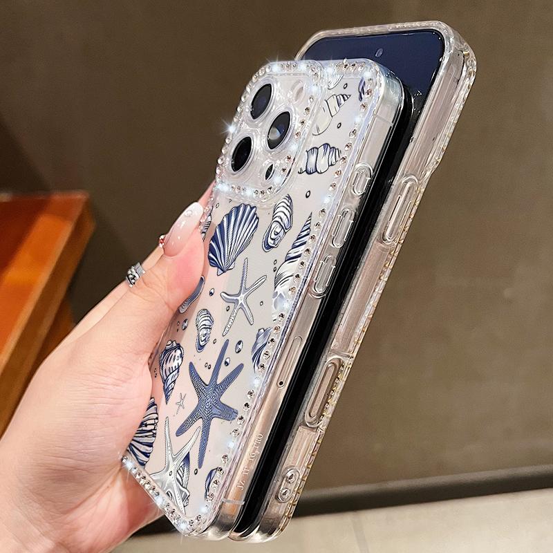 Conch Shark Pattern Clear Silicone Case For iPhone 16E 16 Pro 15 Pro Max 14 13 12 11 Diamond Frame Soft Shockproof Transparent Phone Cover