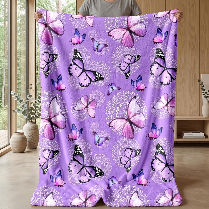 Purple Butterflies and Roses Theme Blanket Lightweight Warm Flannel Blanket Decorative Throw Blanket for Home Decoration