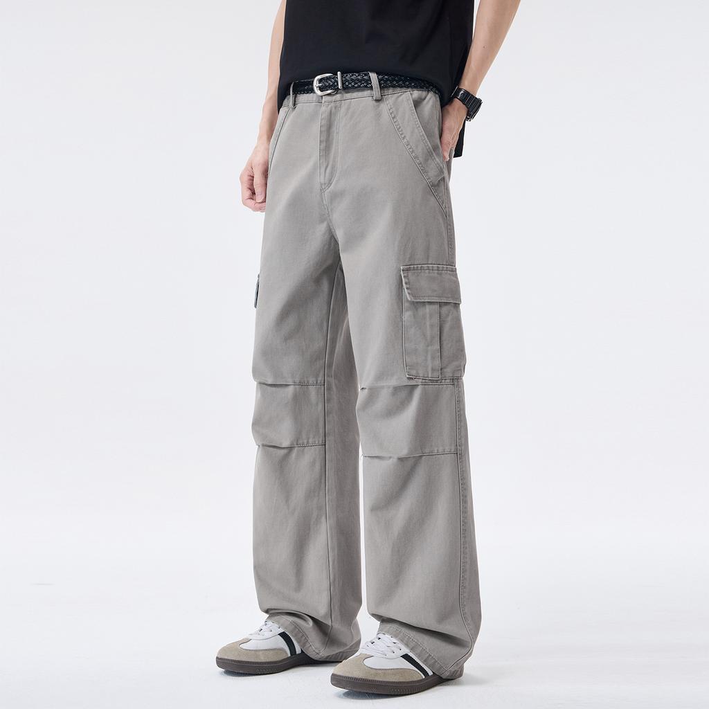 American high street tide brand washing tooling casual pants men's trend fashion loose straight splicing multi-pocket trousers