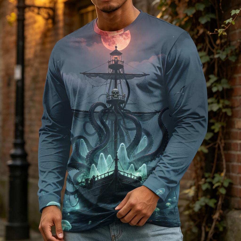 Men's Halloween Print Crewneck Long Sleeve T-Shirt for Casual Wear
