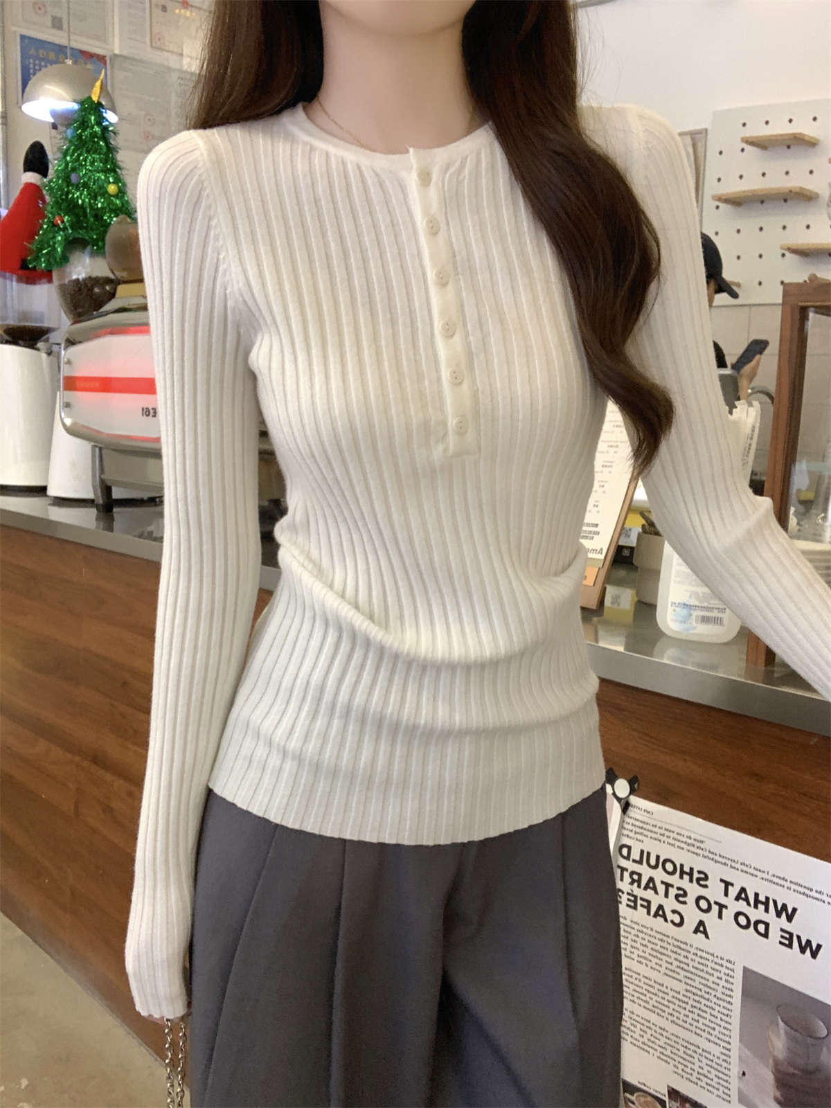 

Temperament advanced sense semi-open neck knitted sweater women s pit strip slim and thin inner bottoming shirt autumn and winter long-sleeved top S