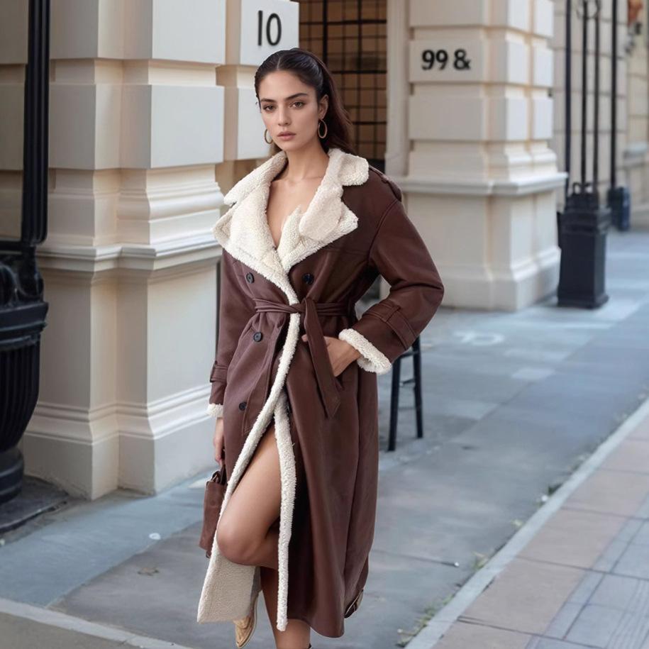 Women Autumn Winter Loose Long Sleeve Coat Pu Faux Leather Plush Jackets Outwear Double-breasted Trench Overcoats