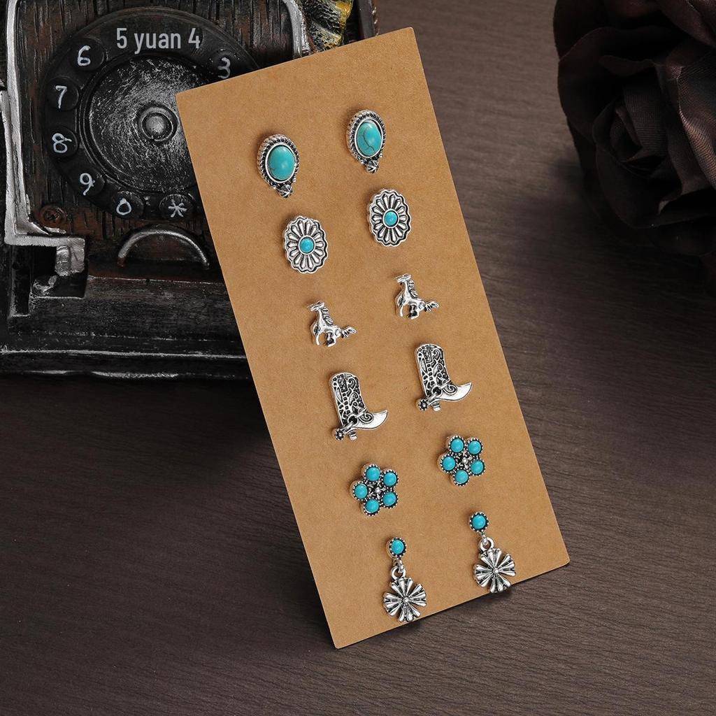Retro Ethnic Turquoise Flower Cowboy Hat & Cactus Earrings Set – Ideal for Commuting