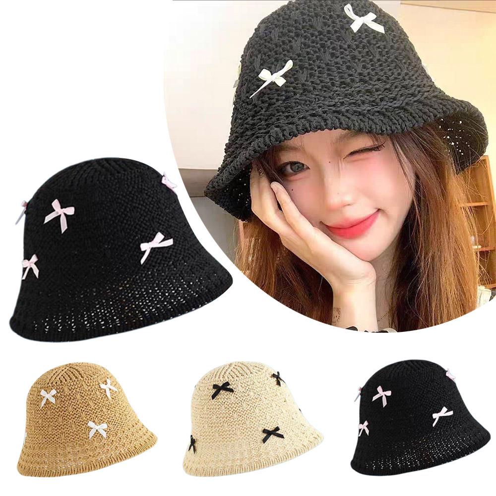 Mini Bow Beach Straw Hat For Women Crochet Fisherman Hat Knitted Hollow Weaving Bucket Hat Sweet Foldable Breathable Sun Cap