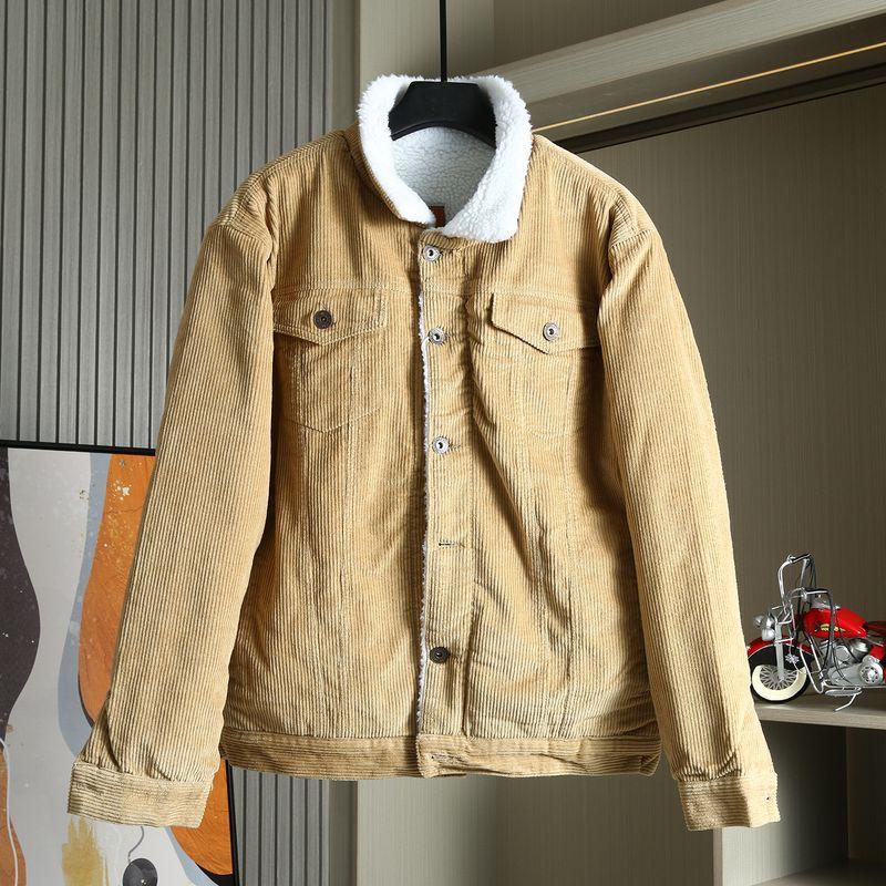 American-Style Retro Corduroy Lambswool Lapel Jacket for Men, Fleece-Lined, Thickened, Warm Workwear Coat, Trendy