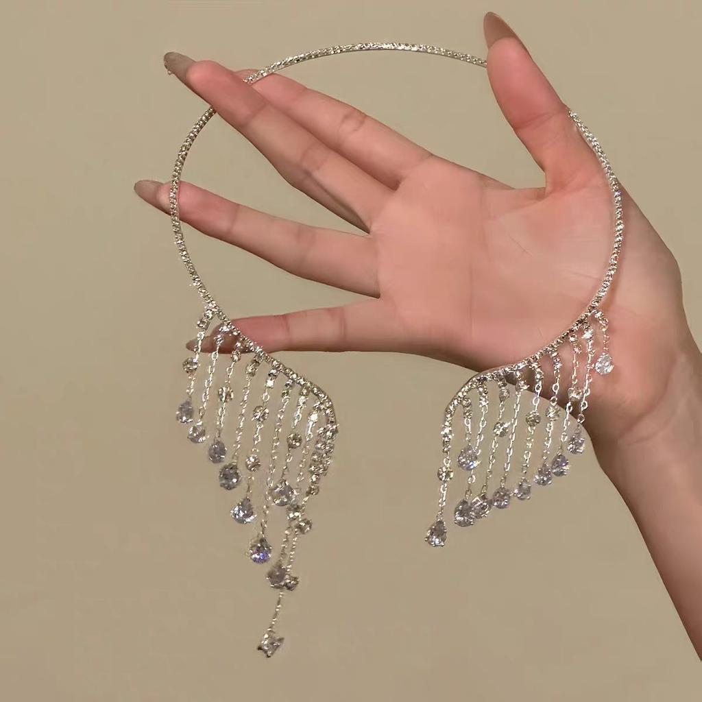 [Silver Ray Dance] Silver Sparkling Water Drop Tassel Necklace Women's Exquisite Light Luxury Premium Sense Full Diamond Collar