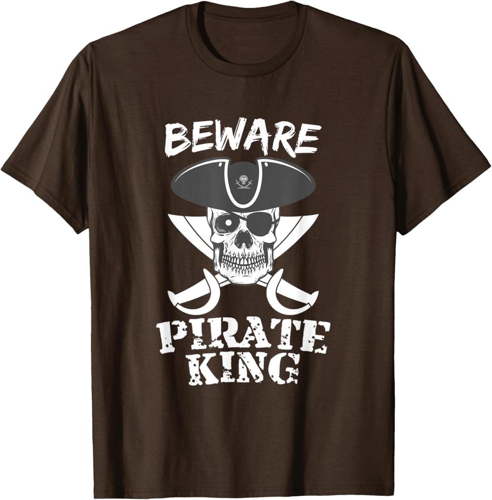 Beware Pirate King Skull and Crossed Swords Graphic Tee Casual Cotton Short Sleeve TShirt