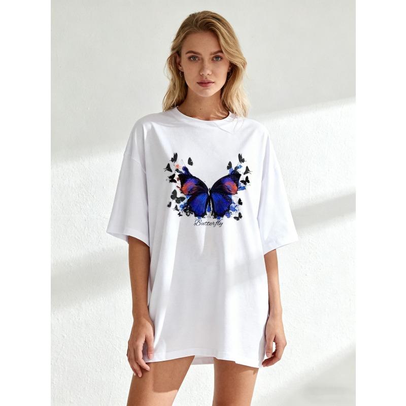 Oversized T Shirt Black Butterfly Print With Text For Casual Wear