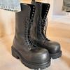 Leder supercoole Big Head Martin Stiefel Damen Rundkopf hochgezogene Spitze mittelhohe Stiefel Herren und Damen gleich dicker Absatz erhöht dicksölig Schnür-
