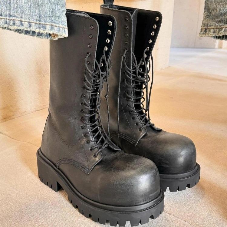 Leder supercoole Big Head Martin Stiefel Damen Rundkopf hochgezogene Spitze mittelhohe Stiefel Herren und Damen gleich dicker Absatz erhöht dicksölig Schnür-