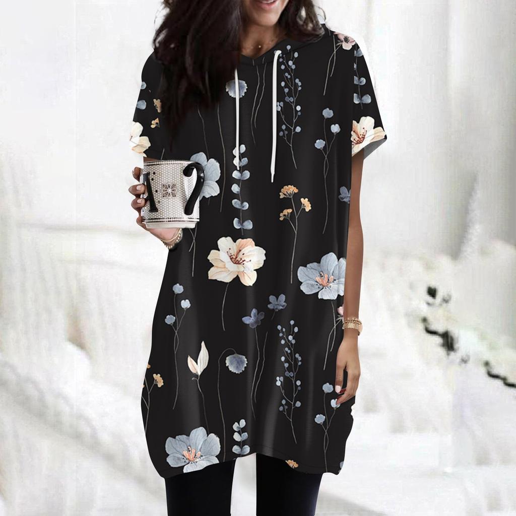 Women's Hoodies Casual Short Sleeve Shirts Fashion Print Tunic Tops With Pockets