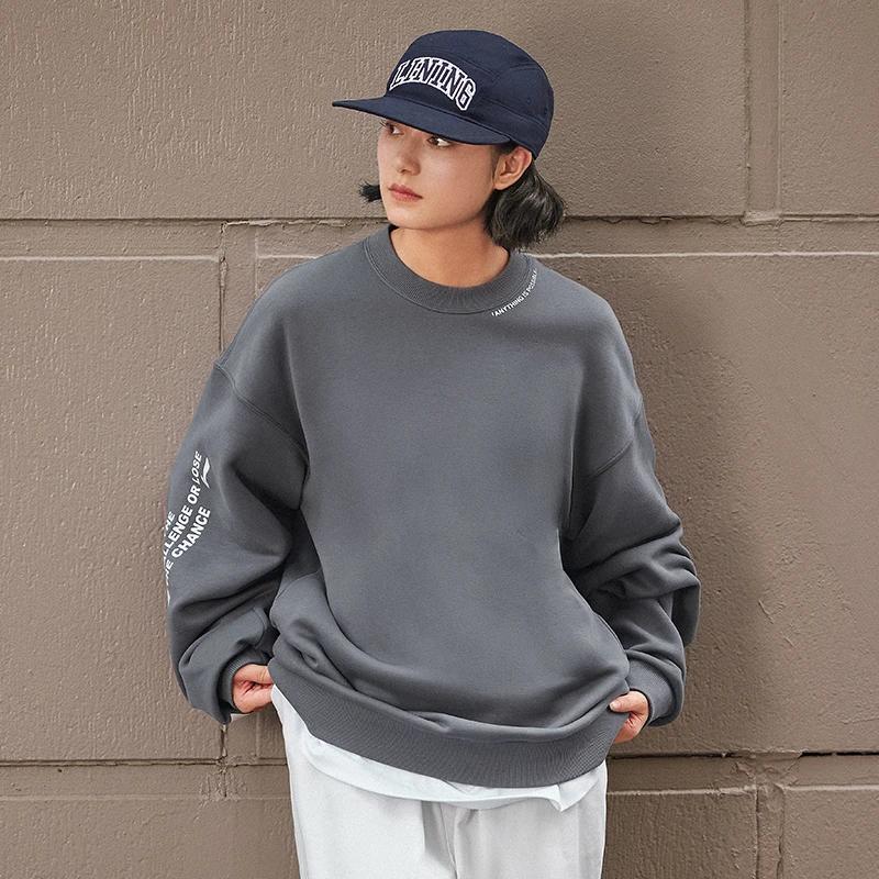 Li Ning Sports Lifestyle Series Letter Logo Print Fleece Pullover Long Sleeve Sweatshirt Unisex Sweatshirt Smoke-Gray AWDTB37-8