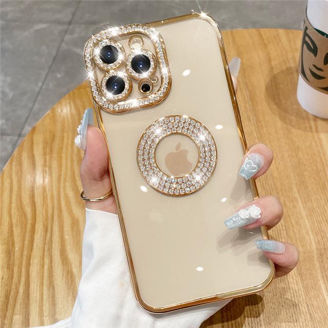 For iPhone 16 Pro Max Luxury Glitter Rhinestone Plating Frame Phone Case For iPhone 11 12 13 14 15 16 Plus Diamond Lens Cover