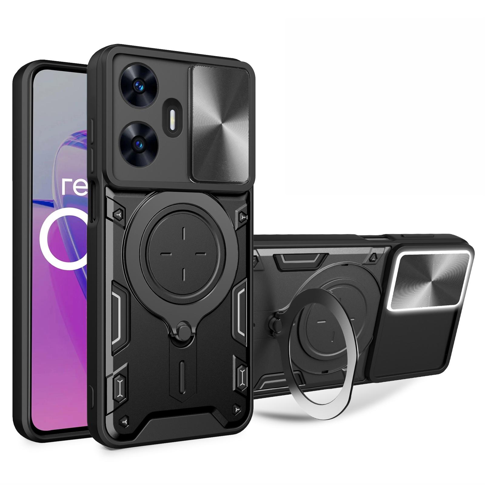 

For Realme C55 4G PC+TPU Kickstand Cover Slide Camera Window Protection Phone Case Black