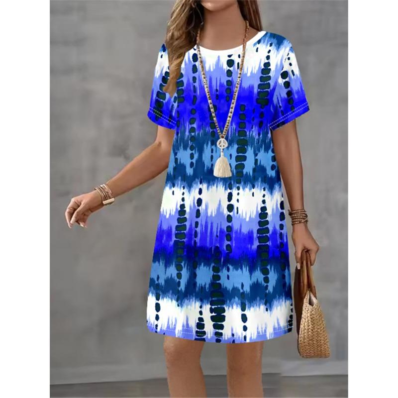 Ladies' Summer Striped Gradient Printed Short Sleeve Round Neck Dress Fashion Design Elegant Temperament Women Mini Casual Dress