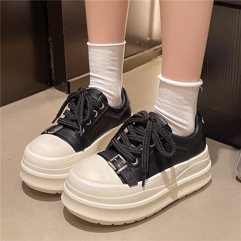 2025 Metal Buckle Leather Big Head Lace-up Thick-soled Muffin Bread Shoes Casual Board Shoes Small German Training Women's Shoes