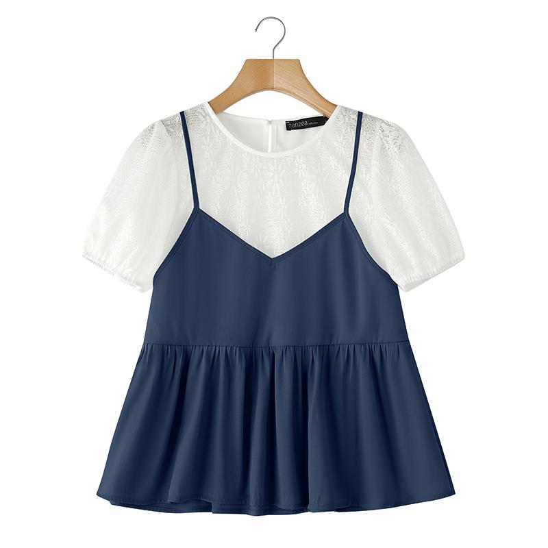 

ZANZEA Women Casual Fake Two Piece Lace Short Sleeve Blouse XL