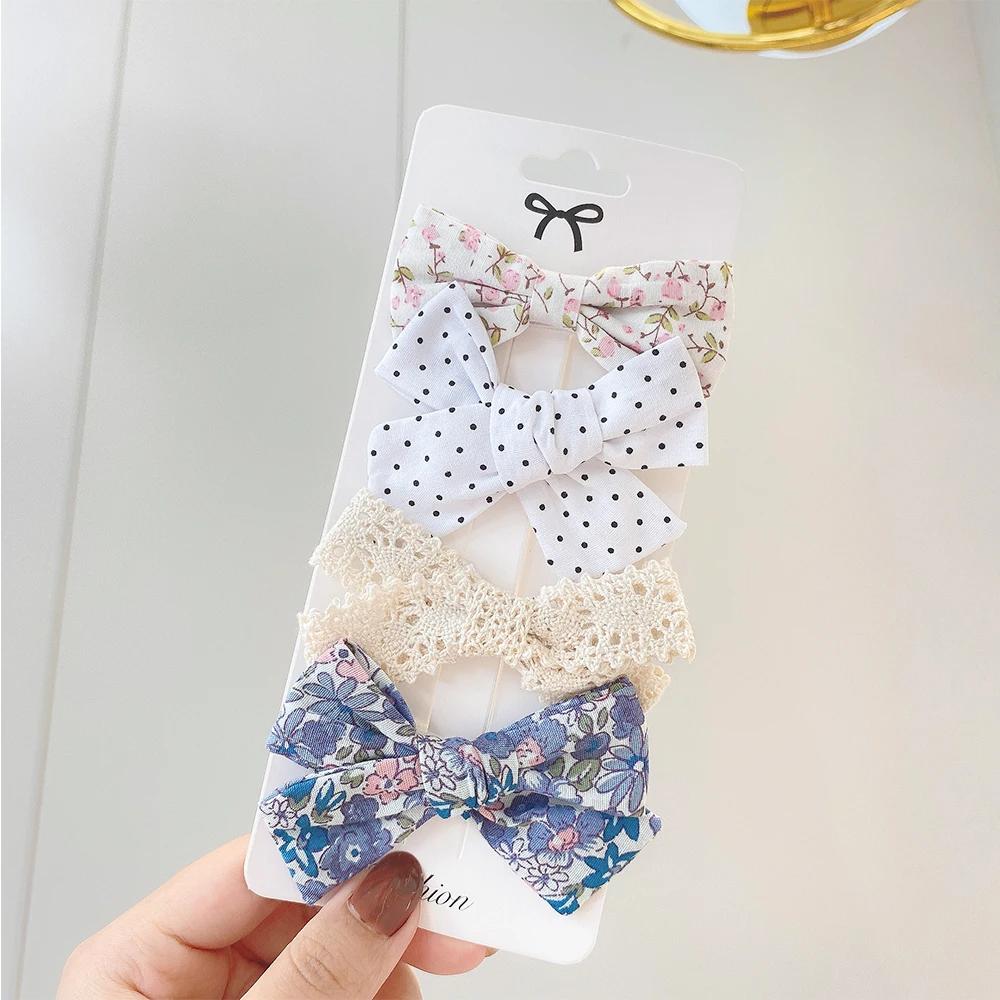 4Pcs/Set Floral Lace Hair Clip Set Girl Cute Bow FlowerTrimming Headwear Cartoon Hair Clips Hairpin Headdress Hair Accessories