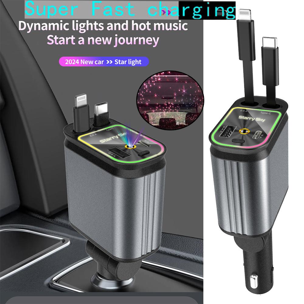 Car Charger with Starlight 66W USB C Car Charger Adapter 4 In 1 Retractable 2 USB Ports Fast Car Charger for iPhone 16/15/14/13