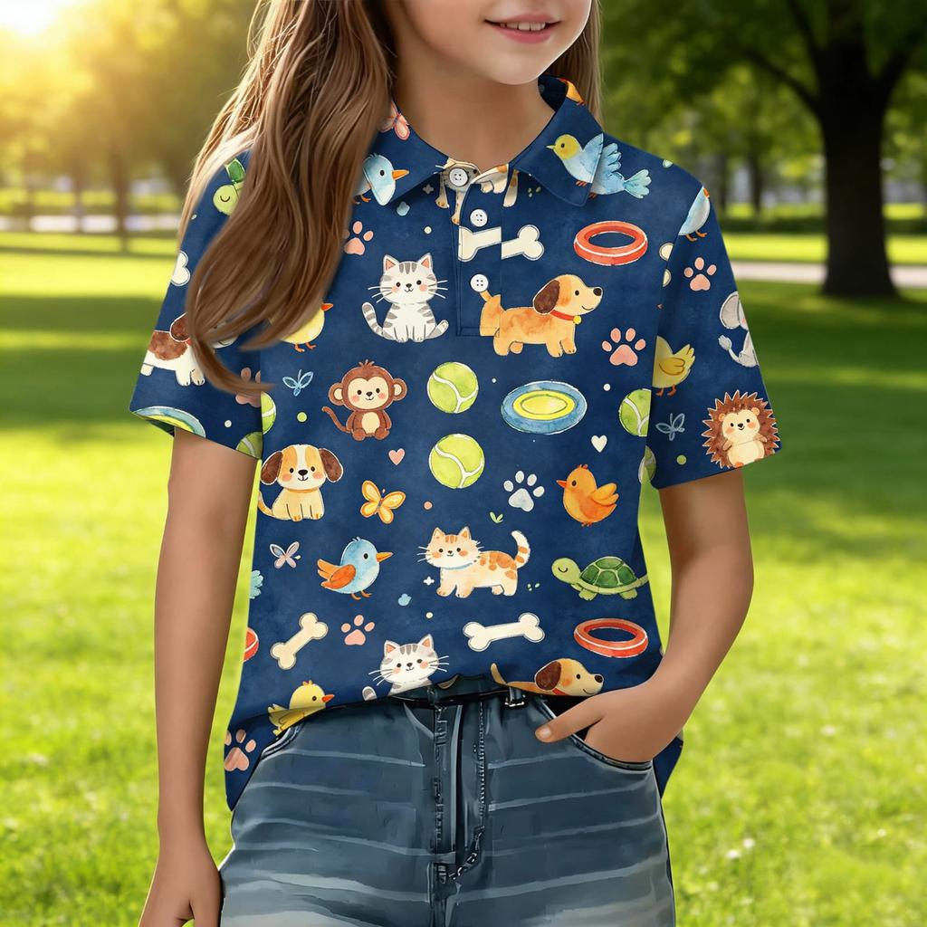 Kids Casual Short Sleeve Polo Shirt Animal Pattern Printed Lightweight Comfortable Breathable Tee Top for Everyday Wear
