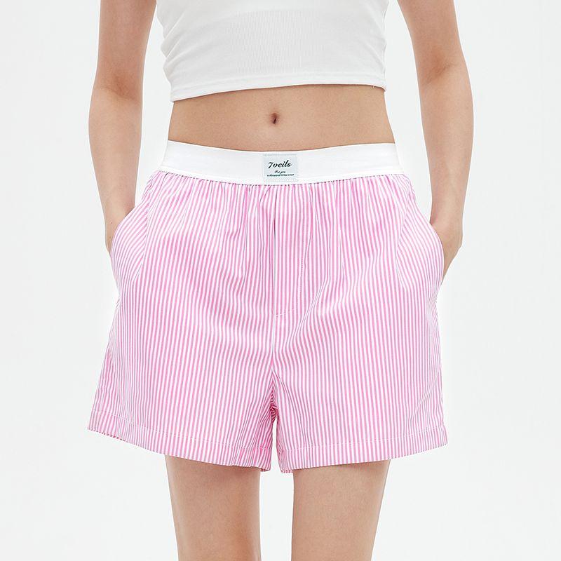 

Summer New Pure Cotton Plaid Shorts Women Thin Plus size Pajama Pants Beach Pants Can Be Worn outside Home Pants Breathable Casual White waist pink XL