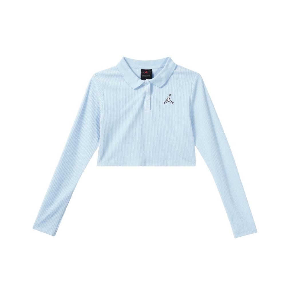 Jordan Solid Logo Cropped Corduroy Long Sleeve Top Women Tops Ice-Blue DV1401-411