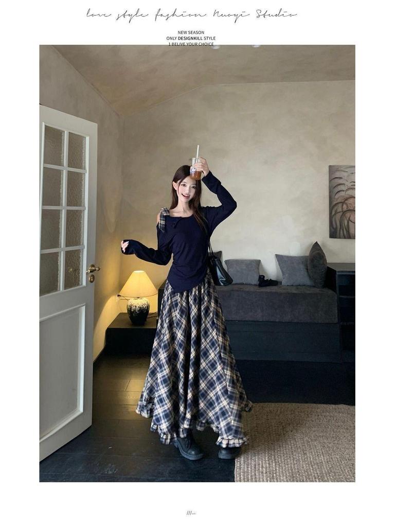 2026 Spring Fashion Women's Long Sleeve T-shirt & High Waist Plaid Skirt Set