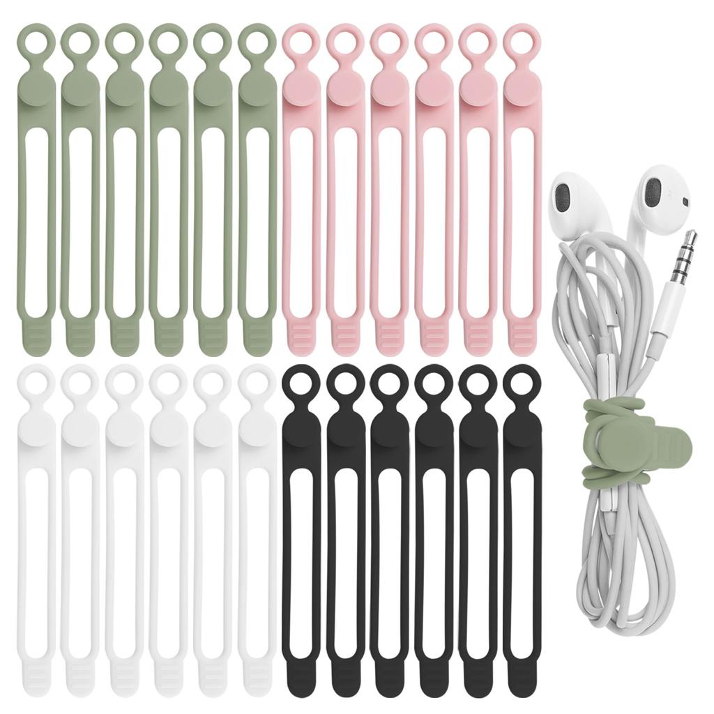 24Pcs Silicone Cable Ties for Bundling Earphone, Phone Charger, Computer Cords, Reusable Cord Organizer Cable Management 6 Color