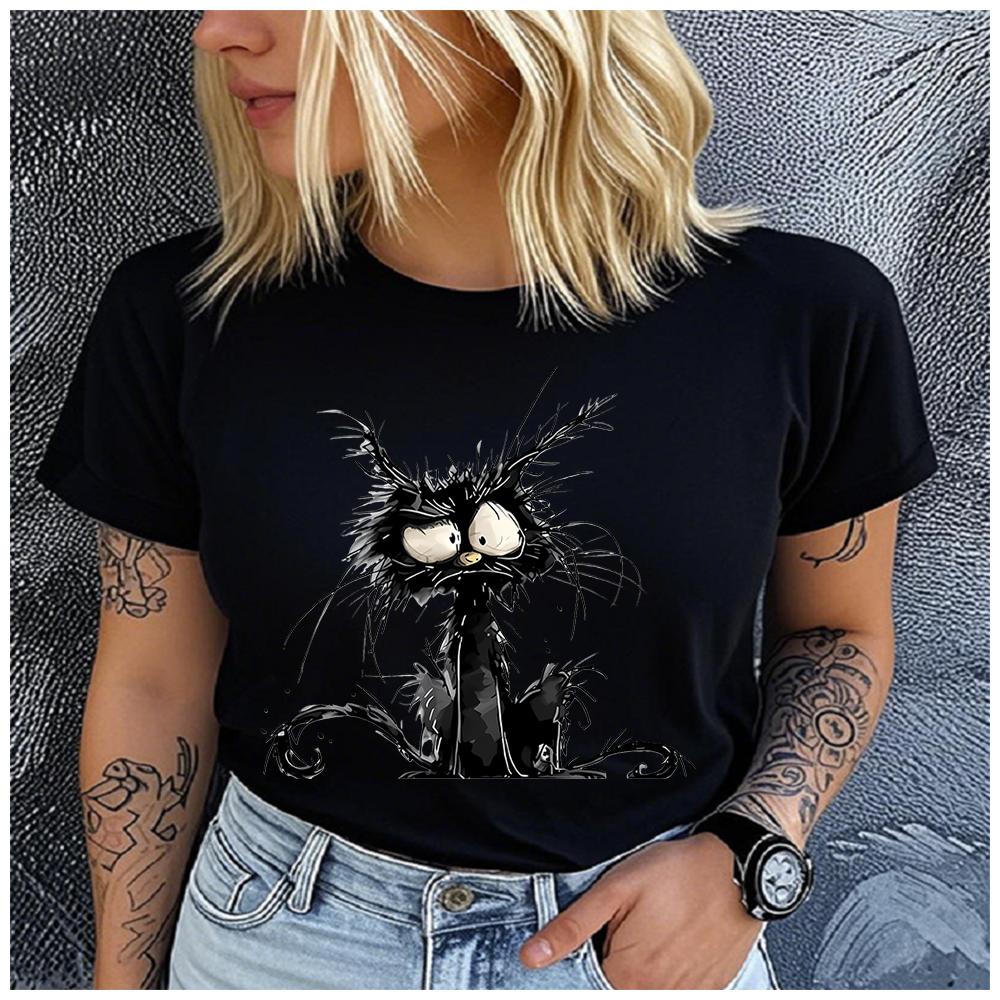 Women's Cotton 100% Little animal black cat T-shirt Loose round Neck Casual Short Sleeve Fashion Top Clothing Summer