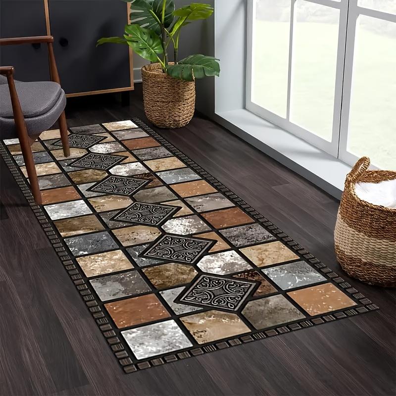 Retro Plaid Long Carpet Welcome Mat Kitchen Rug Runner Rug Living Room Carpet Bedroom Bedside Floor Mat Home Decoration
