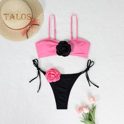 2 Teile/satz Damen Bikini Set Sling Blumen Dekor BH Schnür-Slip Set Dreidimensionale Blumen Verstellbare Schultergurte Badeanzug