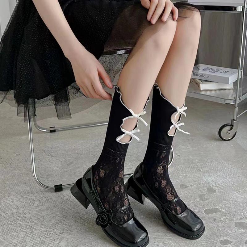 Kave Nero Stile Giapponese Lolita Calzettoni Al Ginocchio Calze da Donna Sexy Pizzo Fiocco Calze Lunghe Calzettoni Autoreggenti Ragazze Dolci