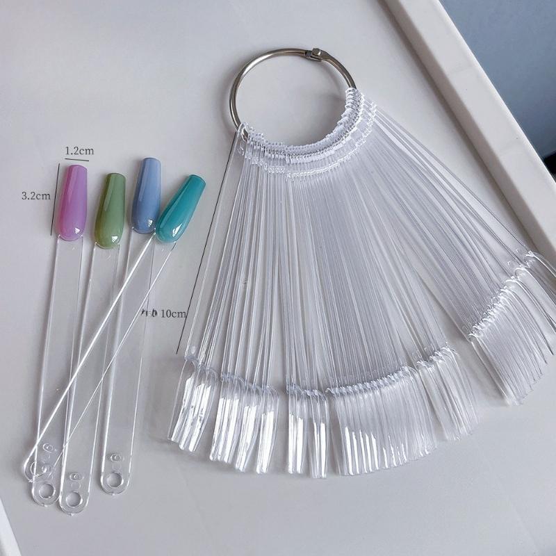 50 Pcs Square Nail Swatch Sticks With Metal Split Ring ,Nail Color Swatch Sticks With Ring - Clear Fan-Shaped Color Display Nail Salon Supplies