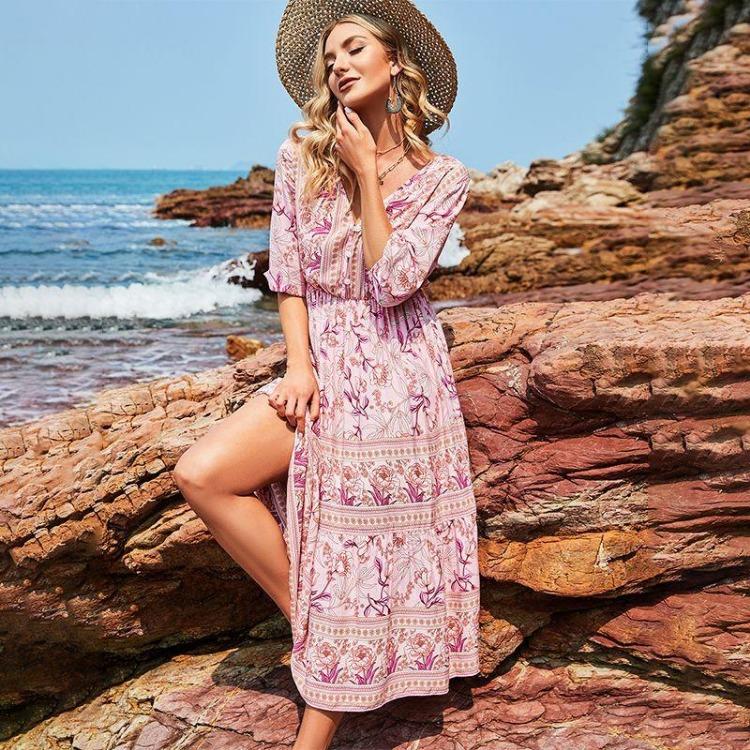 Kvinner Bohemia Blomstermønstret Kjole Vår Sommer A-linje V-hals Høy midje Halv erme Midt på leggen Blå Rosa Rose Rød Størrelser S-XL