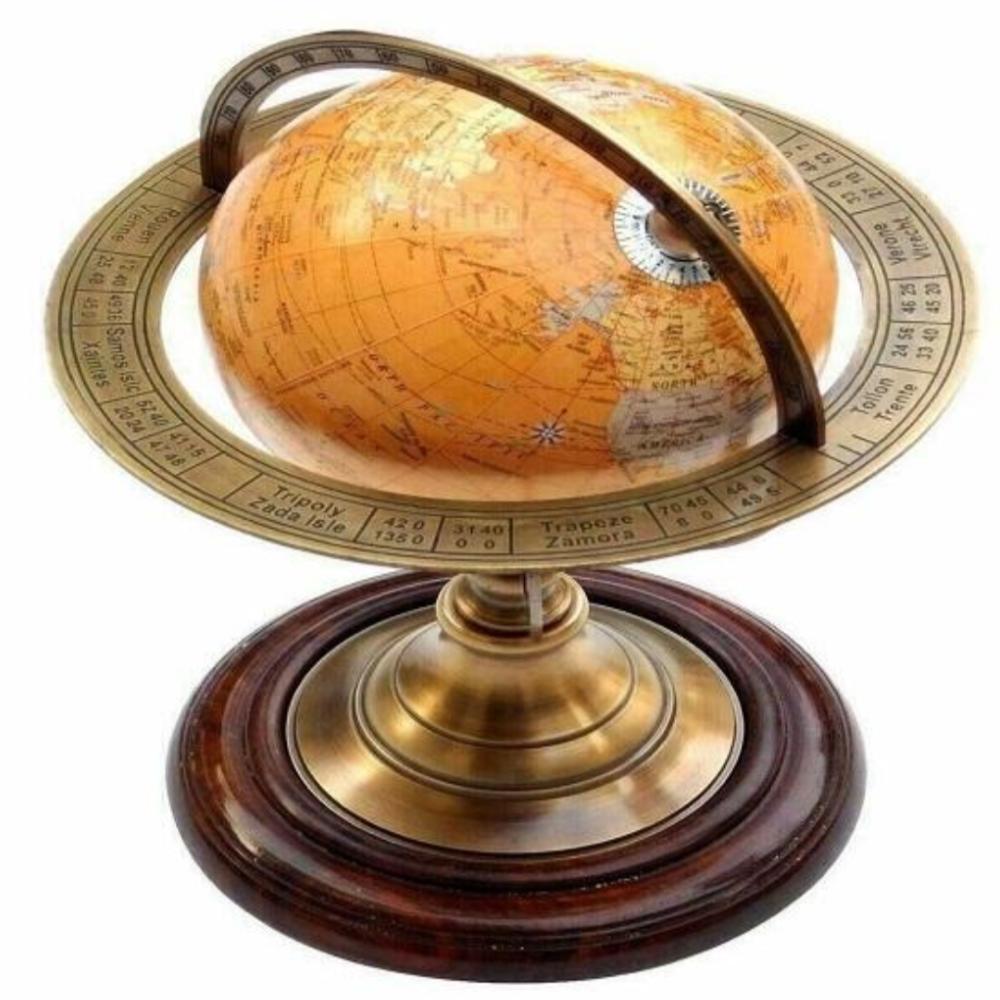 Antique Brass World Map Globe – 27 Cm Nautical Desk Décor with Astrolabe Armillary Sphere Design